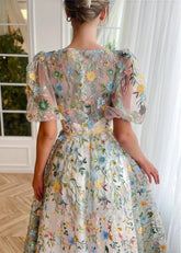 Ivy | Enchanting White Floral High Neck Short Sleeve Prom Dress - White Floral - PromDressClub